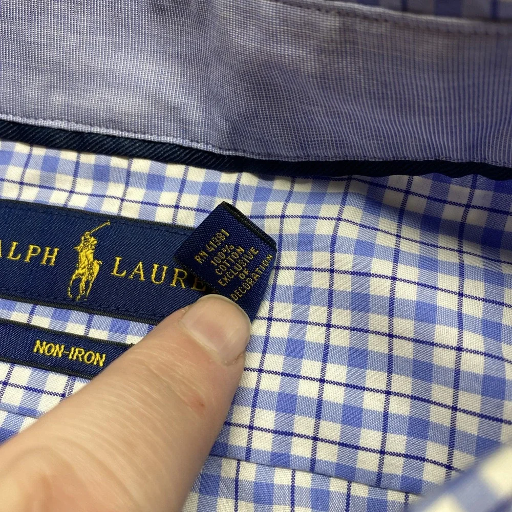 Ralph Lauren Button Down Shirt Mens XL Blue Tattersall Check Non-Iron Cotton